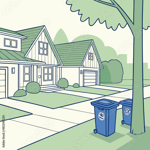 Neighborhood Curb Appeal: A picturesque illustration shows a typical suburban residential street. Well-kept homes sit beside tidy lawns and greenery, and waste disposal bins on the curbside.