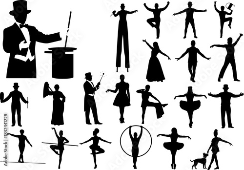 Collection of circus and performance silhouette figures including magicians, dancers, acrobats, stilt walkers, and entertainers, ideal vector elements for creative design, show themes,