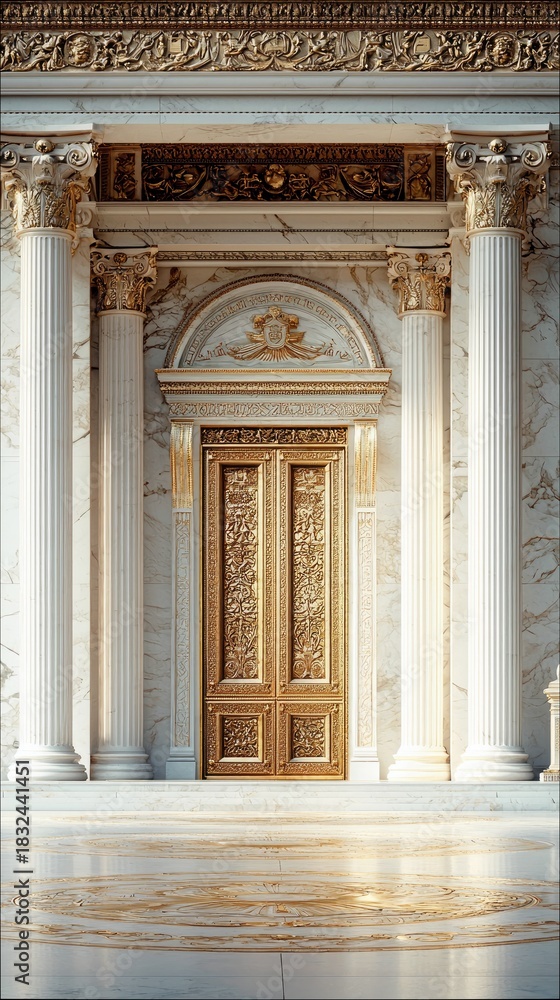 Obraz premium A detailed view of an ornate golden doorway set within a marble facade, flanked by classical columns. The image showcases intricate architectural design and lux