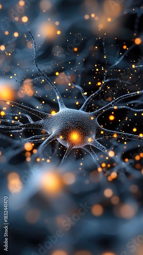 Close-up of a neuron cell with glowing particles, set against a dark, blurred background.