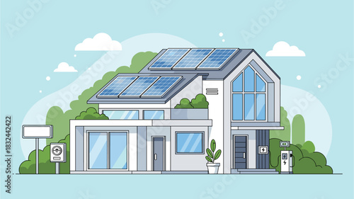 Modern home powered by clean solar energy with charging station for electric vehicles shows sustainable living in a green community