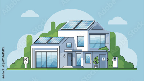 Modern home with solar panels and electric car charger embodies sustainability and eco friendly living promoting green energy initiatives