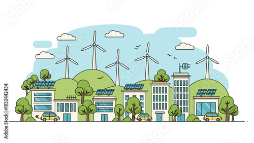Vibrant eco-friendly city illustration with solar panels, wind turbines, and electric cars for a sustainable future concept