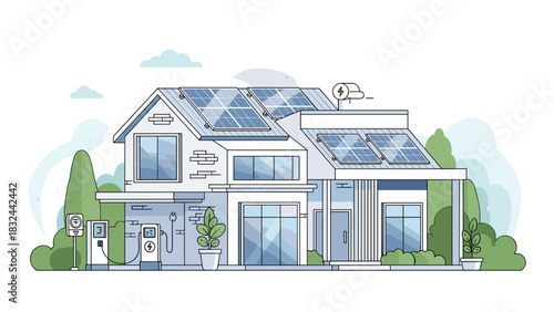 Modern home with solar panels and electric vehicle charging symbolizes sustainable living and energy efficiency for the future