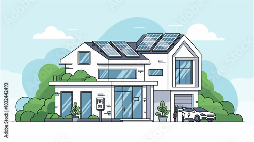 Modern sustainable home powered by solar panels and electric car charging station showcases eco friendly living and green energy future
