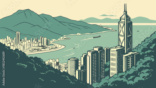 Hong kong skyline with mountains and skyscrapers, defining the iconic cityscape. Suitable for travel brochures, editorial content, and websites.