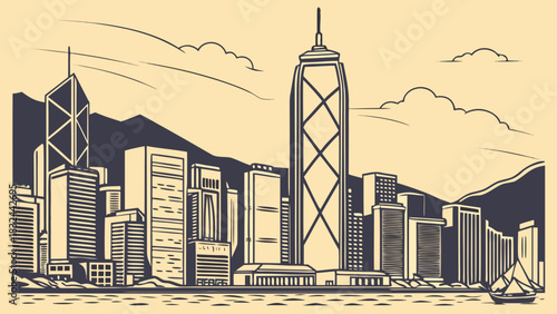 Hong kong skyline and harbor with stunning view of iconic buildings. Suitable for travel blogs, websites, and publications featuring urban landscapes.