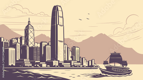 Hong kong skyline with a traditional junk boat perfect for travel websites, city guides, and promotional materials for hong kong.