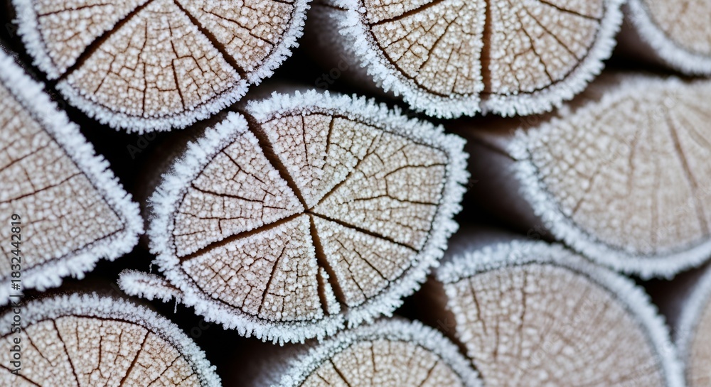 Naklejka premium Close-up shows frost-covered stack of firewood, highlighting wood texture and winter's icy grip.