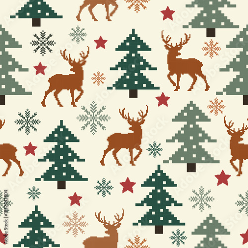 Christmas Pixel seamless Pattern with Deers Traditional knitting Christmas pattern Striped Ornament. Pixel ethnic pattern embroidery background