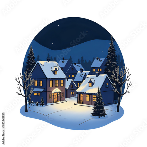 Charming Winter Village Scene with Snow-covered Houses and Starry Night