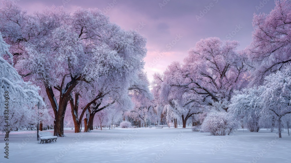 Fototapeta premium Winter wonderland scene in a snowy park during twilight with pastel sky and frosted trees
