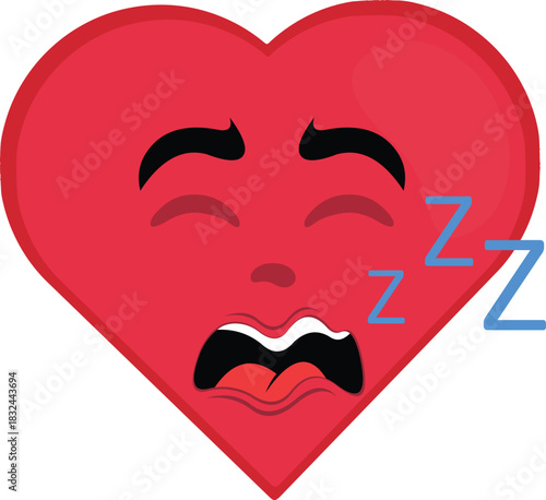 vector illustration emoticon character heart cartoon, snoring with mouth open and text zzz