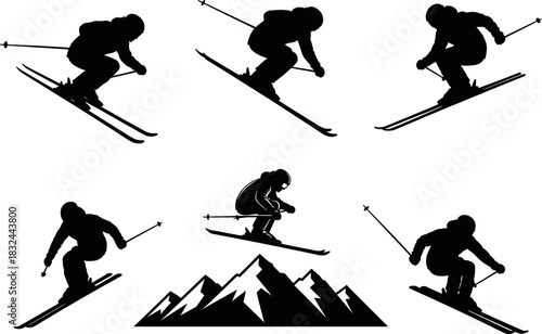Black and white vector silhouette set featuring professional skiers skiing down mountains in various dynamic poses, with an additional mountain peak outline included for design elements.