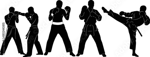 Black and white vector silhouette set of martial arts athletes, showing combat poses including boxers punching and a karate fighter executing a high kick, for self-defense and fight training designs.