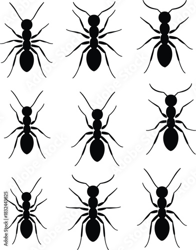 Black ant silhouette vector collection, detailed insect design set for pest control, nature, wildlife, biology, and minimal graphic illustration concept