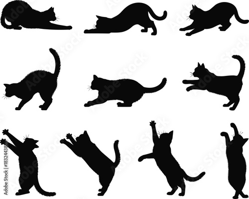 Black cat silhouette vector collection, playful feline movement poses illustration, domestic pet art design set, cute animal shapes for creative decoration and artwork