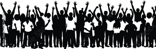 Crowd celebration silhouette vector set, black raised arms, unity pose, diverse people clipart, joyful gathering icon, community action illustration