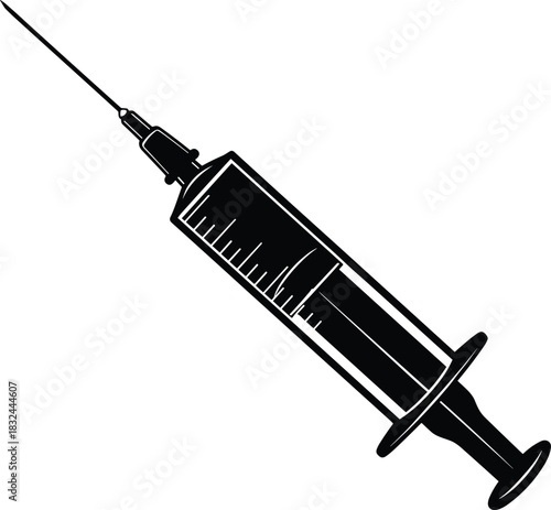 Medical syringe silhouette vector, black injection icon, needle and plunger illustration, healthcare clipart, vaccination tool, dosage measurement graphic