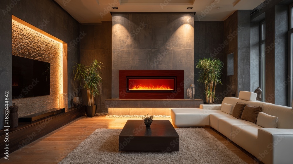 Naklejka premium Modern living room with sleek design featuring a cozy fireplace and stylish furniture in a well-lit space