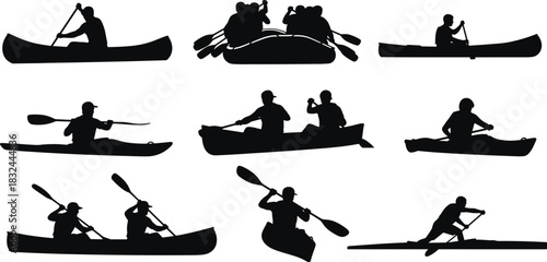 Paddling sports silhouette vector set, black canoe, kayak, rafting icons, water activity clipart, outdoor adventure, rowing pose, sport illustration