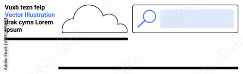 Web design, interface concepts, search functionality, cloud services, minimal graphics, online tools. Flat layout search bar, text and cloud element. Web design and search functionality concept