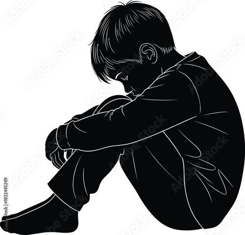 Silhouette of a seated child sitting alone with knees pulled close, expressing quiet emotion, vector illustration for awareness campaigns, educational materials, social issue graphic design