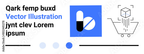 Capsule and pill design, 3D cube inside scanning focus, shopping cart. Ideal for e-commerce, healthcare, analysis, sales, digital design tech marketing tools. Perfect for simple landing page