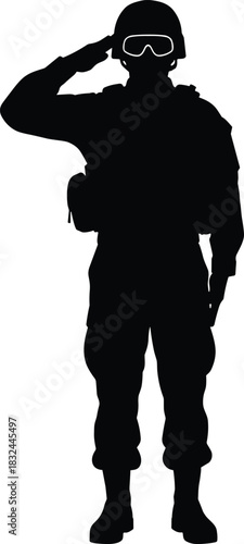Soldier or military army officer in full combat uniform and helmet saluting vector silhouette, representing service, respect, patriotism, armed forces, and military appreciation graphic.