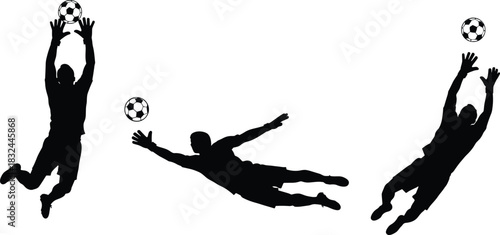 Soccer goalkeeper silhouette vector set, black save poses, airborne goalie actions, football clipart, dynamic movement, athletic icon, sports illustration
