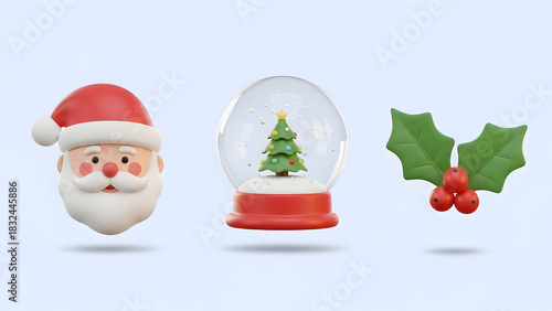 Collection of festive 3D Christmas icons featuring a Santa Claus head, a winter snow globe with a tree, and traditional holly leaves