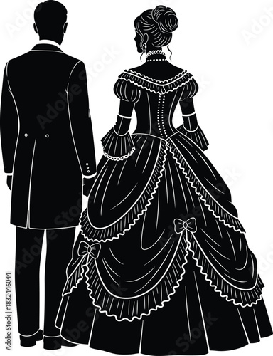 Vector Silhouette of a Couple in Historical Victorian Era Formal Wear, Elegant Lady in Ball Gown and Gentleman in Tailcoat, Vintage Costume Illustration, Back View