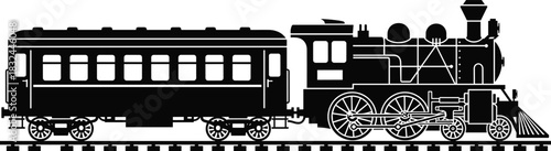 Vintage steam locomotive with classic passenger coach silhouette on tracks, detailed retro train vector illustration for transportation themes, historical design projects, educational graphic content