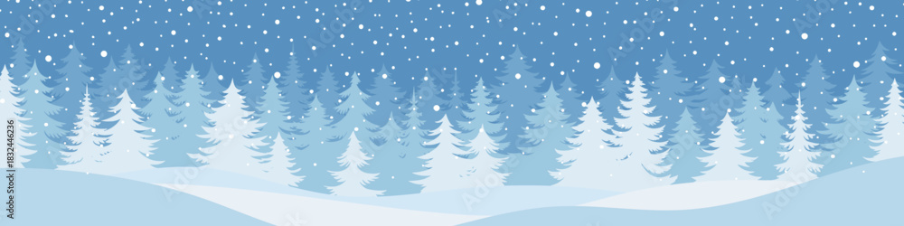 Obraz premium Winter minimalistic landscape, forest and snowfall, vector illustration