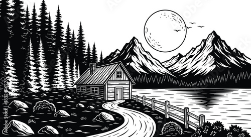Vintage woodcut style vector illustration of a log cabin or isolated house by a mountain lake under a full moon, symbolizing remote wilderness and nature adventure graphic.