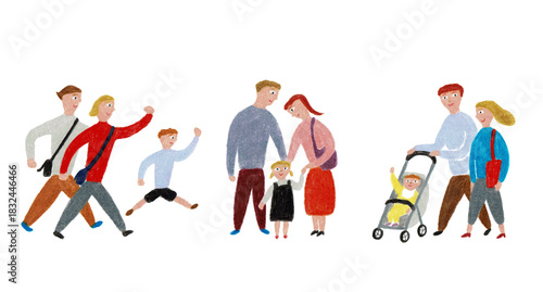 手描きイラスト　幼い子供のいる家族