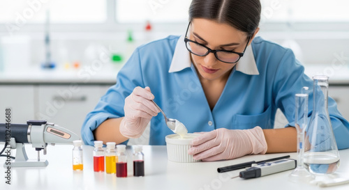 Focused female food scientist testing yogurt quality in modern laboratory, analyzing texture and color samples with precise instruments for dairy product development