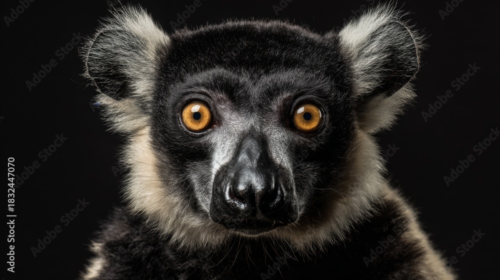 Naklejka premium Endangered black and white lemur with striking orange eyes poses against a dark background