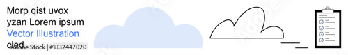 Data management, workflow planning, cloud computing, information processing, document storage, productivity tracking. A cloud icon linked to a clipboard. Data management and workflow planning ideas