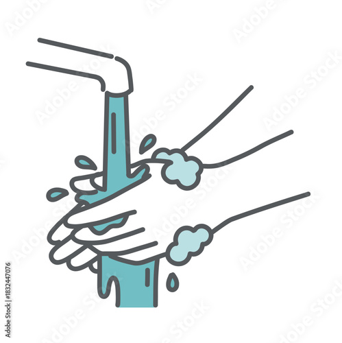 手洗いの手順、水道の水で手をすすぐイラスト（水洗い・洗浄）