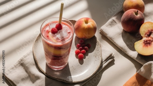Refreshing Peach Smoothie with Berries on a Sunny Table.