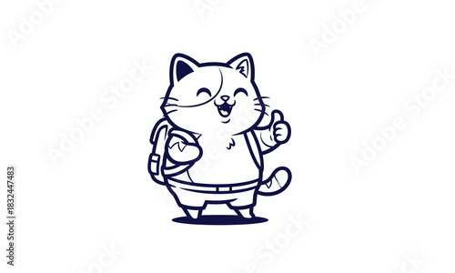 Cheerful Cartoon Cat with Backpack Giving Thumbs Up, Smiling and Happy.