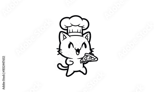 Adorable black and white cartoon cat chef character holding a slice of pizza.