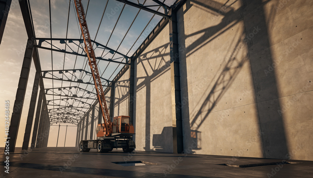 Fototapeta premium A construction crane stands inside a large industrial building with a metal frame, casting long shadows on the concrete wall under a sunny sky.