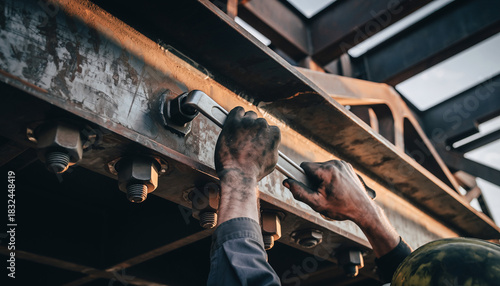 A construction worker uses a wrench to tighten bolts on a steel beam, showcasing industrial work and manual labor with precision and skill.