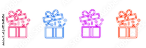 Neon glowing gift box vector icons set, present, surprise, celebration, reward, vibrant colorful digital design illustration on transparent background.