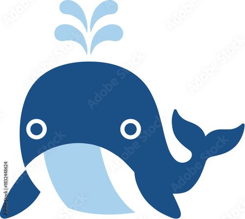 Cute blue cartoon whale spouting water from its blowhole.