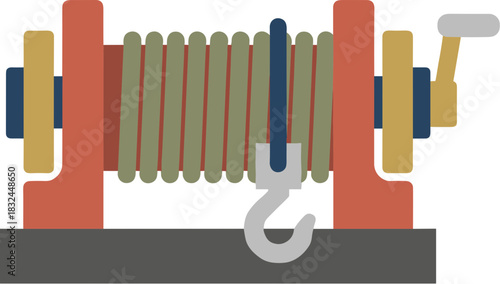 Flat vector illustration of a manual hand crank winch mechanism.