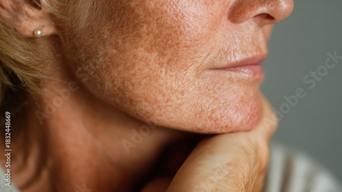 Mature woman's facial profile shows sun damage and skin texture close up