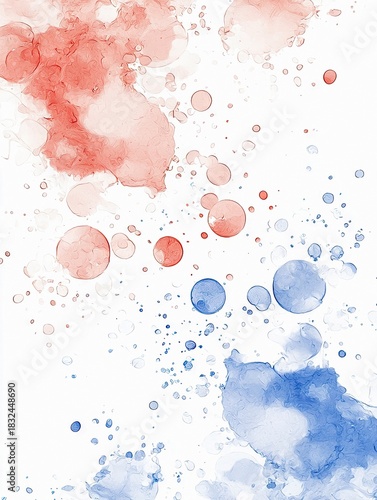 Abstract watercolor illustration featuring red and blue splashes and bubbles on a white background. Artistic and creative concept.